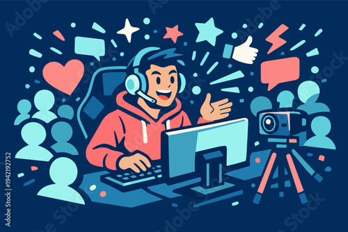 Young man streaming video games, live content creating for online followers, engaging with social media community