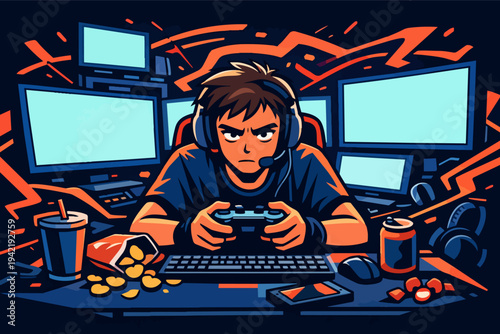 Focused gamer boy immersed in a video game with a headset, controller, surrounded by monitors and snacks
