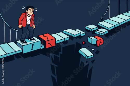 Businessman facing broken bridge, crossing chasm, finding solution, overcoming obstacle, dealing with risk and challenge