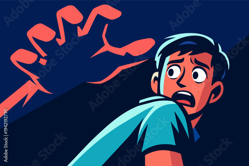 Person feeling fear and panic from giant hand shadow, concept of mental health problems and anxiety disorder
