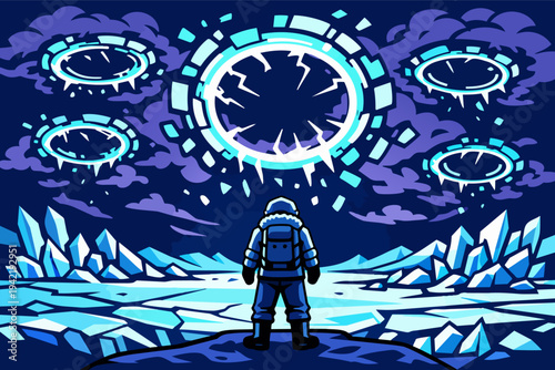 Explorer encountering cosmic portals in an arctic frozen landscape, discovering new dimensions in winter