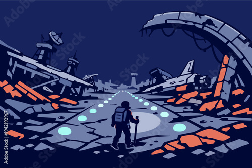 Explorer walking on abandoned runway in post-apocalyptic airport wasteland, navigating through dystopian ruins