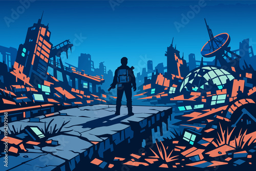 Survivor standing in a post-apocalyptic cityscape, a desolate urban wasteland with destroyed buildings and ruins