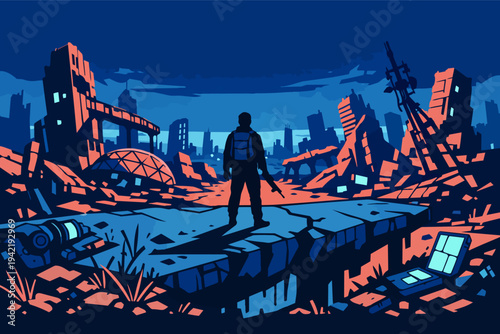 Survivor standing in a ruined city after disaster, exploring a post-apocalyptic urban landscape at night