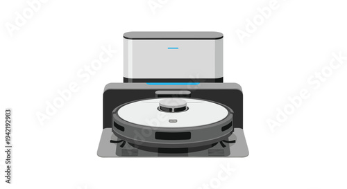 Robot vacuum cleaner with charging dock on for cleaning floors efficiently, Generative AI.