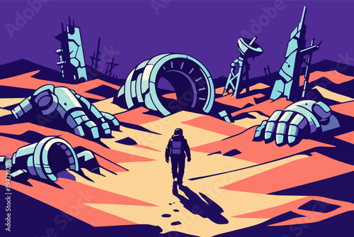 Astronaut walking through wasteland with giant robot ruins, exploring a desolate post-apocalyptic future landscape