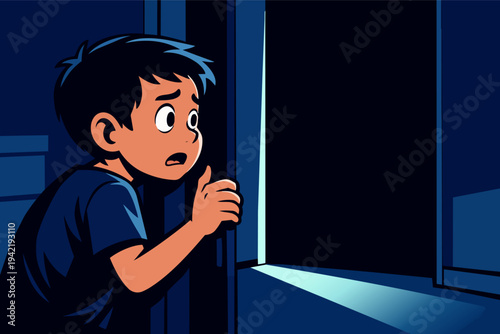 Scared boy peering through open doorway into dark room at night, feeling fear and curiosity
