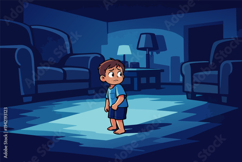 Little boy standing in a dimly lit house interior, feeling fear and loneliness in the dark room during nighttime