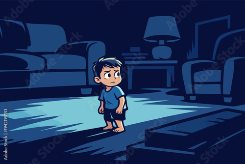 Little boy standing alone in a dark room, feeling scared and experiencing childhood fears at night