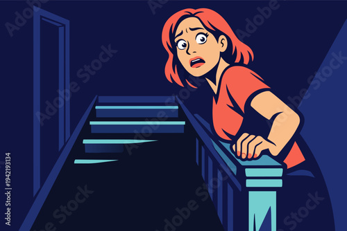 Young woman feeling fear, gripping a handrail while going down dark stairs, entering a spooky unknown