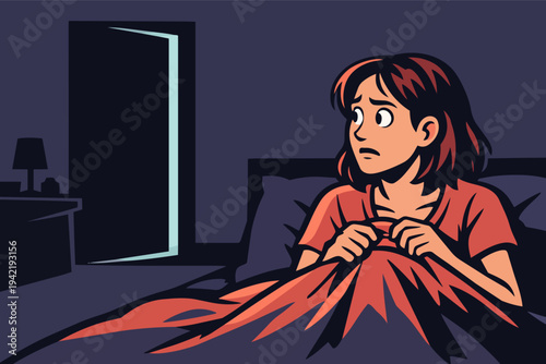 Young woman feeling scared in bed during a nightmare, seeing a bright opening door in a dark room