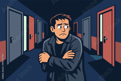 Anxious man feeling overwhelmed, facing multiple open doors in a dark hallway, making an important decision