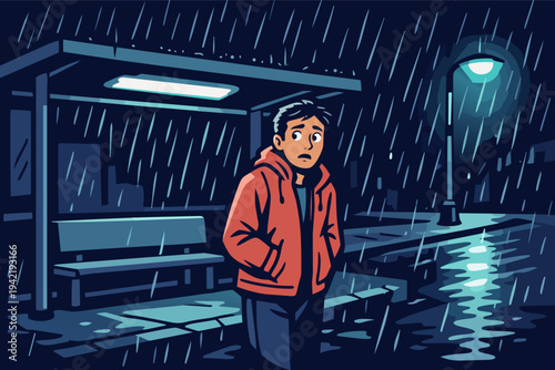 Young man standing alone at a bus stop during a rainy urban night, experiencing loneliness and melancholy
