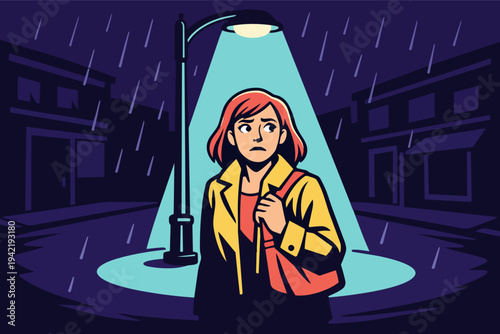 Woman feeling fear and paranoia walking alone on a dark rainy city street at night, experiencing anxiety under a lamppost