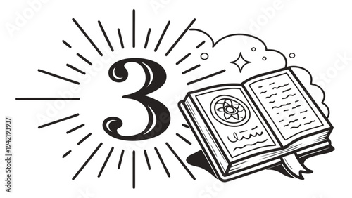 An open holy book with intricate designs and text lies beside a radiant number three, surrounded by glowing lines and mystical symbols in a celestial illustration style