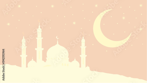 Silhouette of a majestic mosque with minarets and dome under a serene night sky with crescent moon and stars viewed from a distance