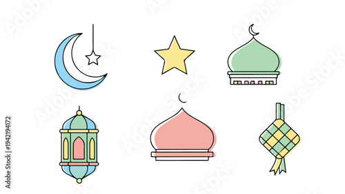 Flat lay illustration of colorful Islamic icons for eid fitr, including crescent moon, star, mosque domes, and lantern, against a clean white background with a vibrant and celebratory mood