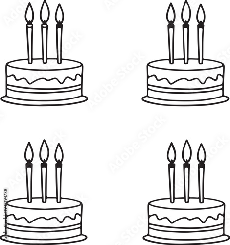 Birthday Cake with Three Candles Black Outline Vector Illustration, Simple Line Art Celebration Cake Icon Set