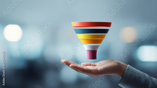 hand holding a colorful sales funnel in the palm