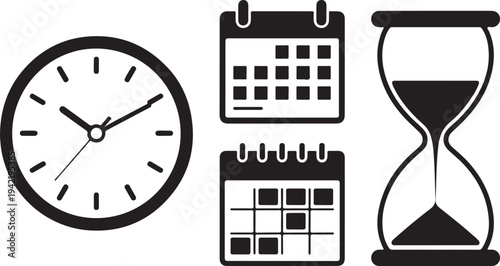 Black of analog clock calendar and hourglass on white