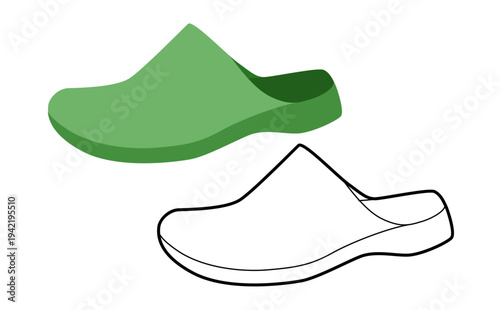 Green house clog sandal shoe women flat plus line set. One piece rubber slipper for lifestyle outdoor project. Technical fashion illustration CAD mockup mixed vector man unisex isolated stylish style.