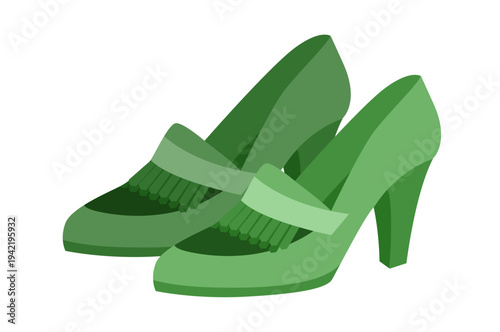 Kiltie pump women green heel flat pair. Fringe loafer inspired dress footwear for office, dinner, relaxed meeting. Technical illustration, CAD mockup, smooth vector men unisex isolated elegant style.