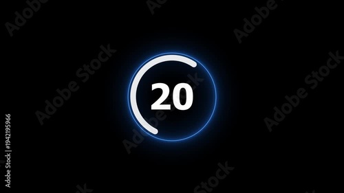 Countdown timer from 38 to 0 seconds real time. neon glowing animation. Half minute countdown timer with colorful circle.