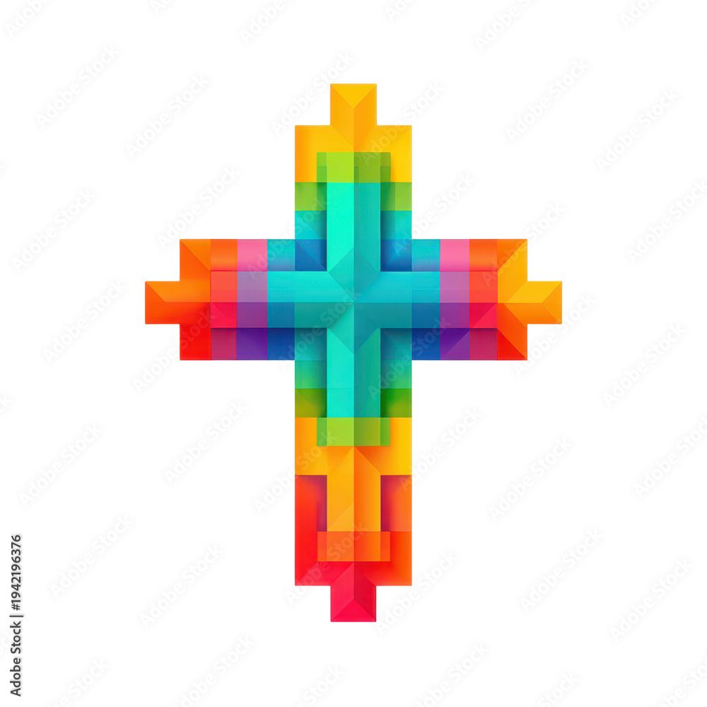 Obraz premium A vibrant pixelated cross on a transparent background with rainbow colors generative ai, ai, generative