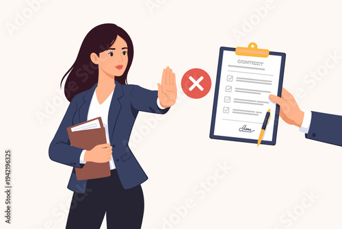 Businesswoman in a professional suit making a stop gesture to reject a job contract offer. Flat vector illustration of a female employee refusing a legal document or employment agreement.