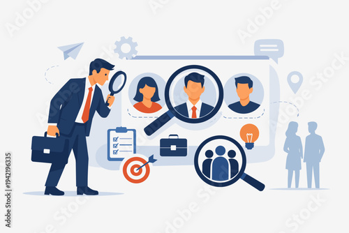 Businessman recruiter searching for new employees and job candidates using a magnifying glass. HR management, talent acquisition, and headhunting concept with profiles and hiring icons.
