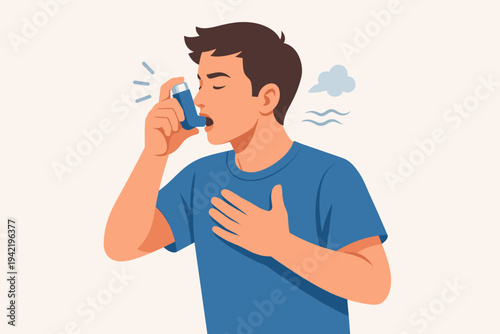 Man Using Asthma Inhaler for Relief from Respiratory Attack, Flat Vector Illustration of Person with Breathing Difficulty Holding Chest, Healthcare Medical Concept for Allergy and Lung Disease.