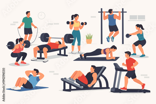 People Doing Different Workouts at the Gym Fitness Center. Men and Women Exercising with Weights, Treadmill, Bench Press, Squats, and Cardio. Healthy Lifestyle Flat Vector Illustration.