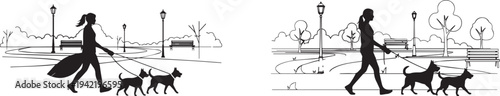 Set of 2 dog walking illustrations vector