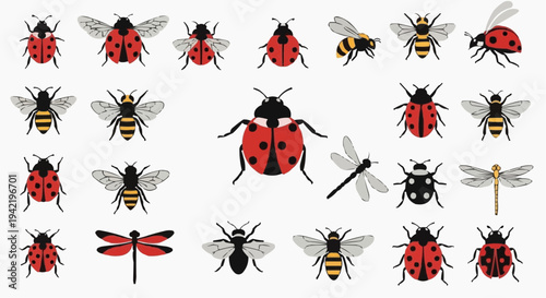 An artistic collection of various insects. It showcases a diverse array of insects, including bees, ladybugs, and dragonflies, arranged in a visually appealing pattern