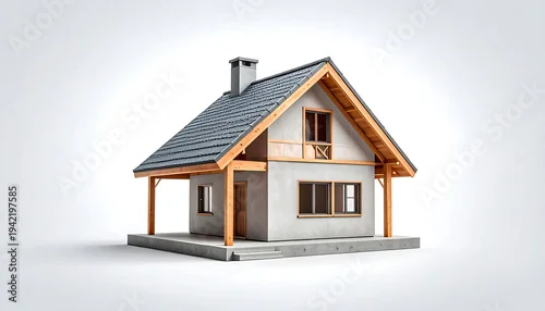 Fototapeta Detailed model of a two-story house with gray tile roof and wooden frame construction