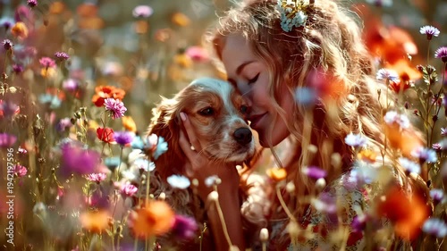 Romantic love theme for Valentines Day. A woman tenderly embracing a dog in a field of vibrant flowers, with a blurred background, creating a dreamy atmosphere.