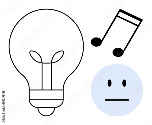 Creativity, music, emotions, entertainment, innovation, brainstorming. A light bulb, musical notes and a neutral face. Creativity and music conceptualized through simple visuals