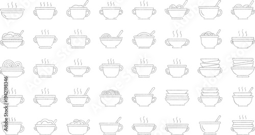 Collection of dotted line representing various bowls and cups with steam outline
