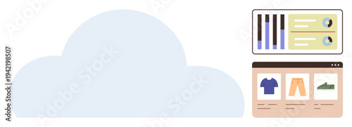 Cloud computing, digital storage, ecommerce, data analytics, online shopping, marketing tools. A cloud icon next to a data dashboard and an online store interface. Cloud computing and digital storage