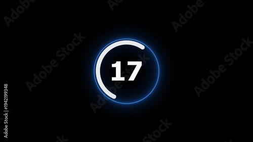 Countdown timer from 33 to 0 seconds real time. neon glowing animation. Half minute countdown timer with colorful circle.