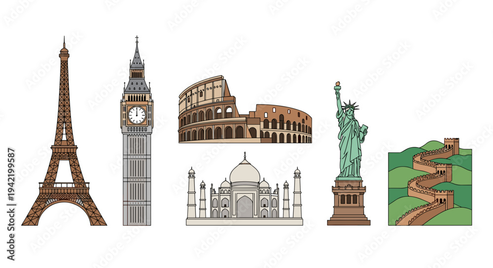 Obraz premium A vector graphic illustration of famous landmarks from around the world in a flat design style