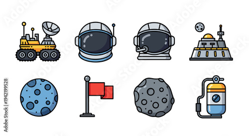 A set of colorful vector icons depicting various space exploration elements and tools