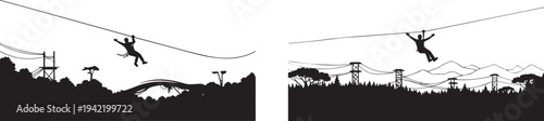 Set of 2 ziplining silhouettes vector