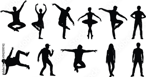 Collection of dynamic dancing silhouettes featuring ballet, hip hop, contemporary and street dance performers isolated on white background, expressive movement reference set