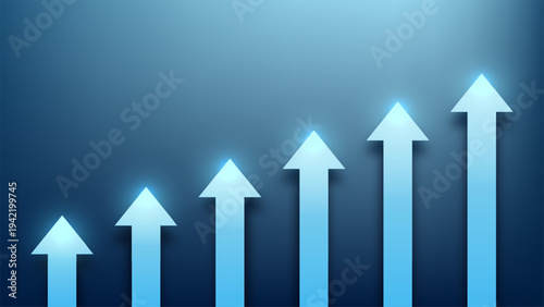 Business growth bar chart with glowing blue arrows rising upward financial success and corporate progress on modern gradient background for strategic planning and data