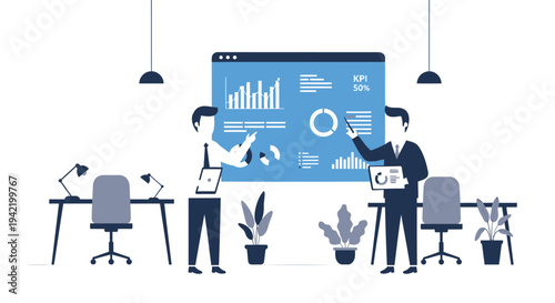 Vector illustration of two businessmen presenting data on a large screen