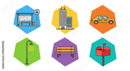 A set of colorful urban icons including a bus stop, skyscraper, car, street light, bench, and mailbox in a flat vector graphic design