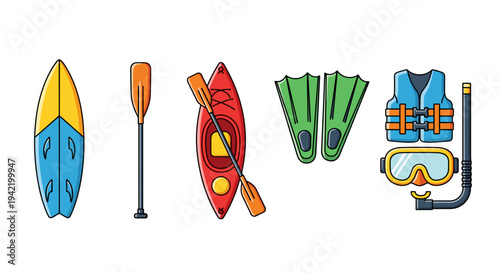 A colorful vector illustration of various scuba diving and kayaking equipment on a white background