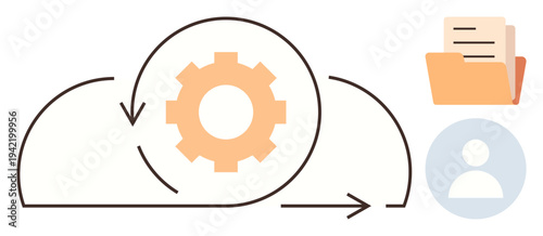 Cloud computing, data synchronization, secure access, digital workflow, online storage, file sharing. Gear in a cloud, folder with files user profile icon. Cloud computing and data synchronization