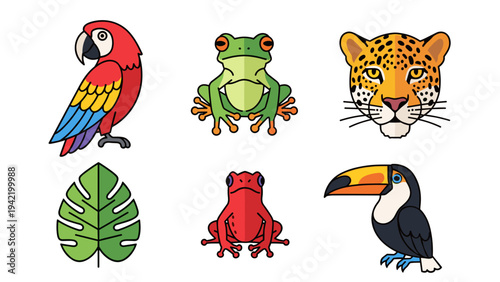 A colorful vector graphic illustration of various jungle animals and a leaf